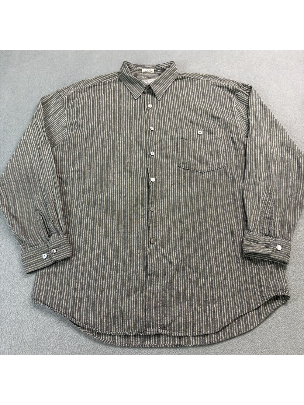 Vintage Burma Bibas Textured Striped Long Sleeve Button Up Shirt XL Rayon Linen